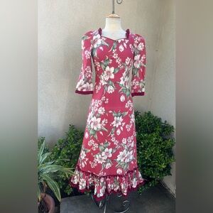 Vintage Luau maxi dress floral light red print ruffles XS/S CC Fashions Hawaii